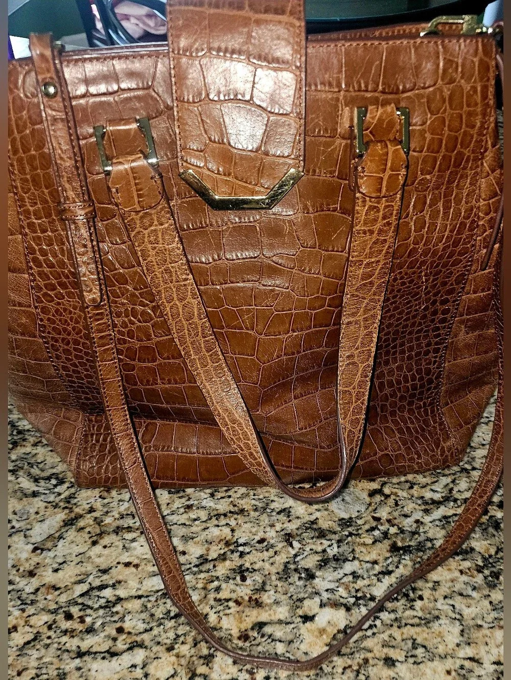 Brooks Brothers Crocodile-Embossed Leather Tote, characterized brown Leather